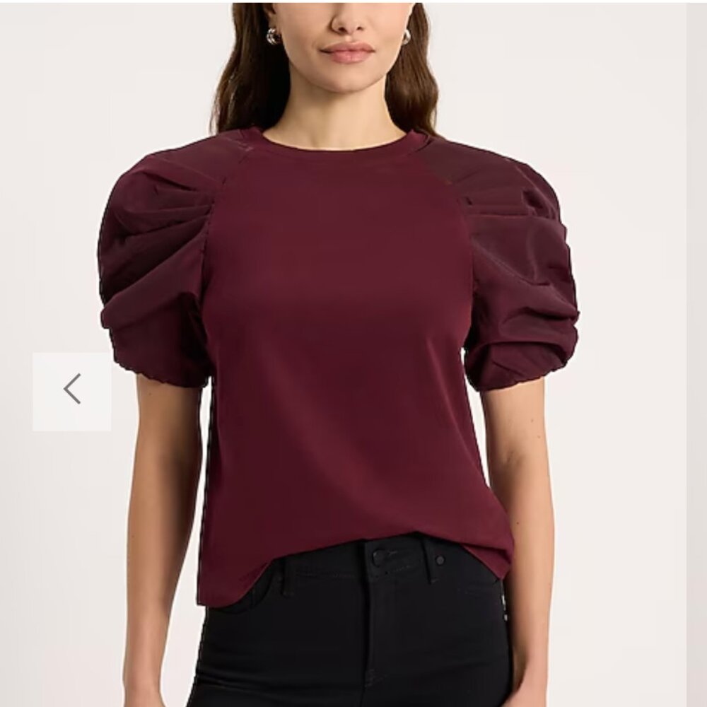 Express Crew Neck Taffeta Puff Sleeve Tee Burgundy XL